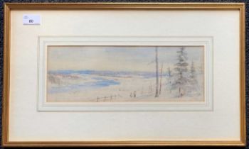 19th century watercolour, A winter landscape with two figures overlooking a river, indistinctly