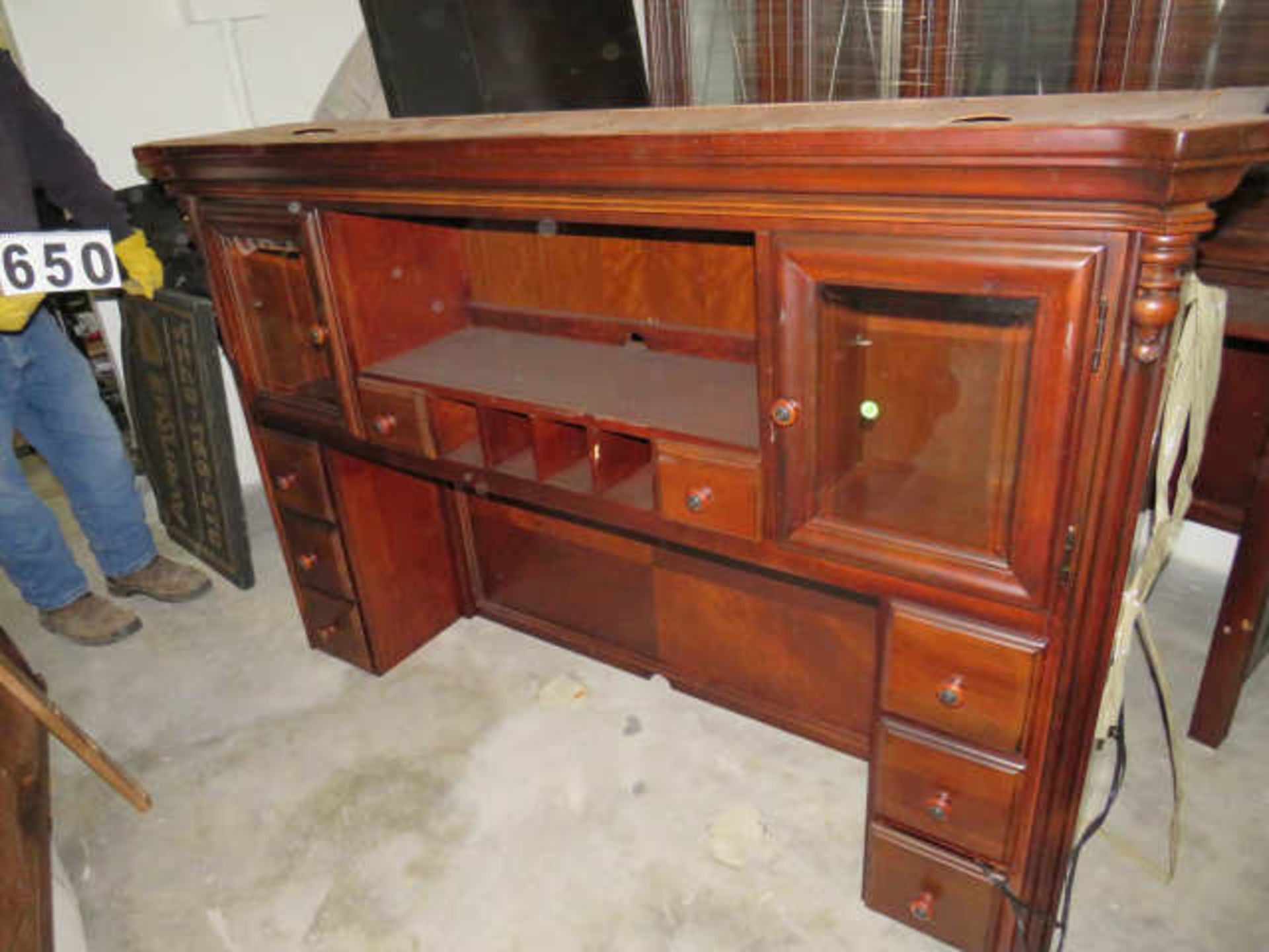 Executive wood desk, cabinet top, Cherry finish, solid wood, 68"l x 25"d x right hand side return...