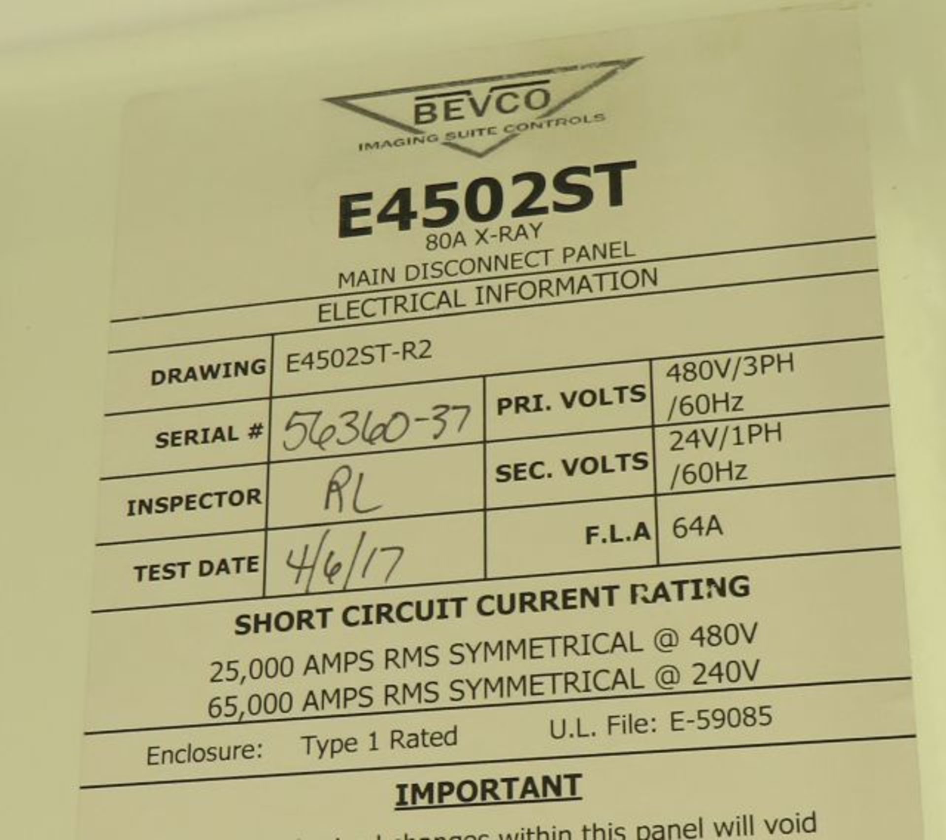 New Bevco E4502st enclosure 480v 60hz 3 phase 100 amp switch originally set up for x-ray machin... - Image 3 of 4