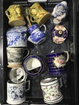 A collection of early 19th century and later English and continental shaving mugs, including blue