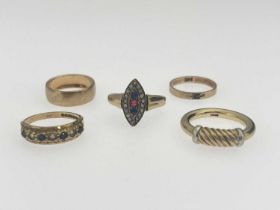 Five 9ct gold gem-set rings