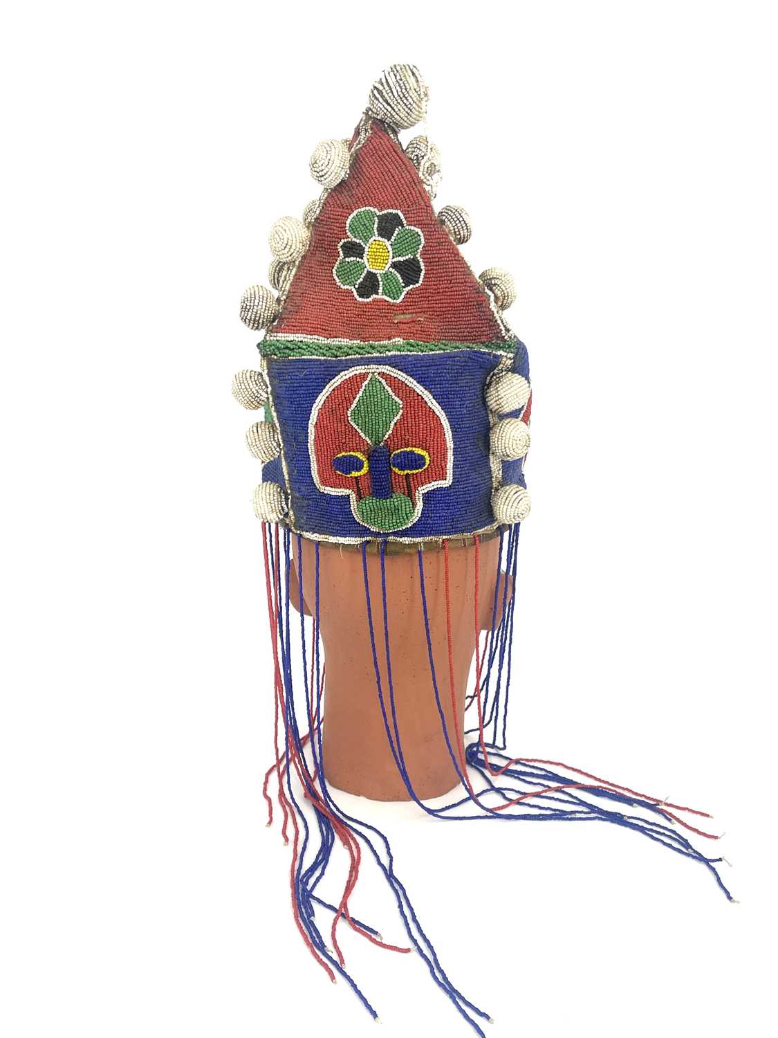 An African tribal beaded headdress, pyramidal form with bobbles and tassels, 30cm high - Image 2 of 5