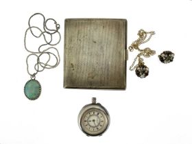 A selection of jewellery, watches coins and a silver cigarette case