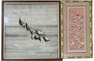 A woven silk '100 Boys' pattern panel 64 x 32 cm, together with a woven silver thread picture of