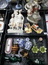 A collection of ceramics and glass, including four Staffordshire flatback figures, a pair of