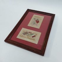 Two First World War silk-work postcards, framed, together with a framed set of four clergy stoles