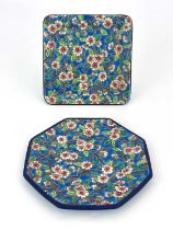 Two Longwy art pottery prunus cloisonne plates, Emaux de Longwy, including square and octagonal