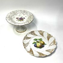 A Meissen flower painted comport, circa 1900, circular form with knopped stem and spreading circular