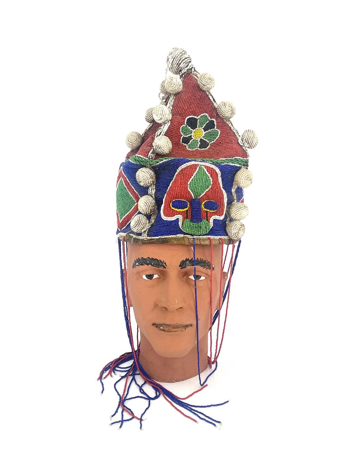 An African tribal beaded headdress, pyramidal form with bobbles and tassels, 30cm high - Image 3 of 5