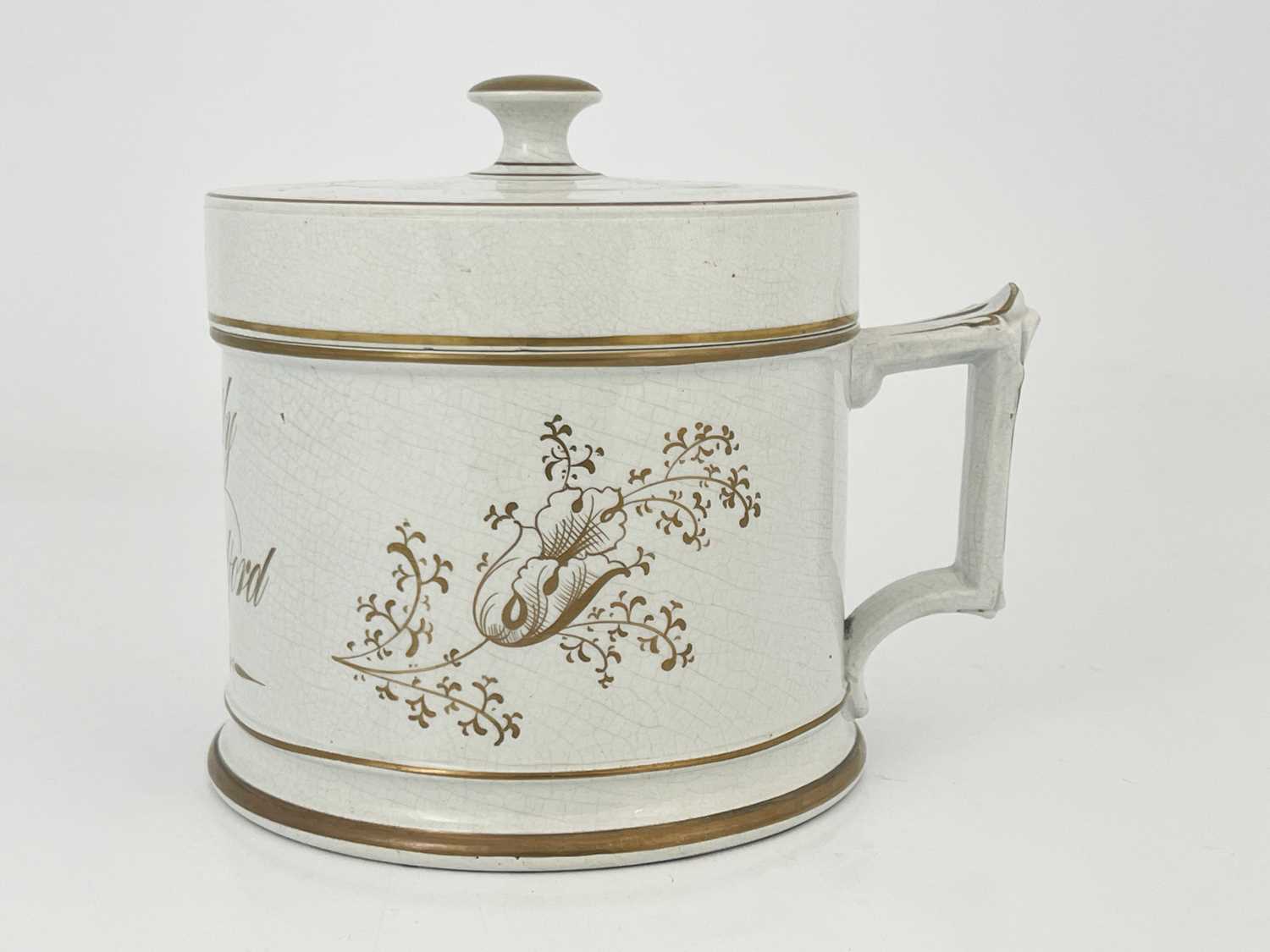 A Staffordshire pottery presentation shaving mug/tankard and cover, circa 1850, with gilded - Image 2 of 6