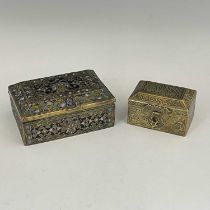 Two Islamic brass casket boxes, 19th Century, one with inlaid cloisonne enamels with decoration of