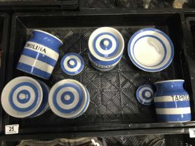 A Collection of T G Green & Co Cornishware storage jars, including Castor Sugar, Raisins, Semolina