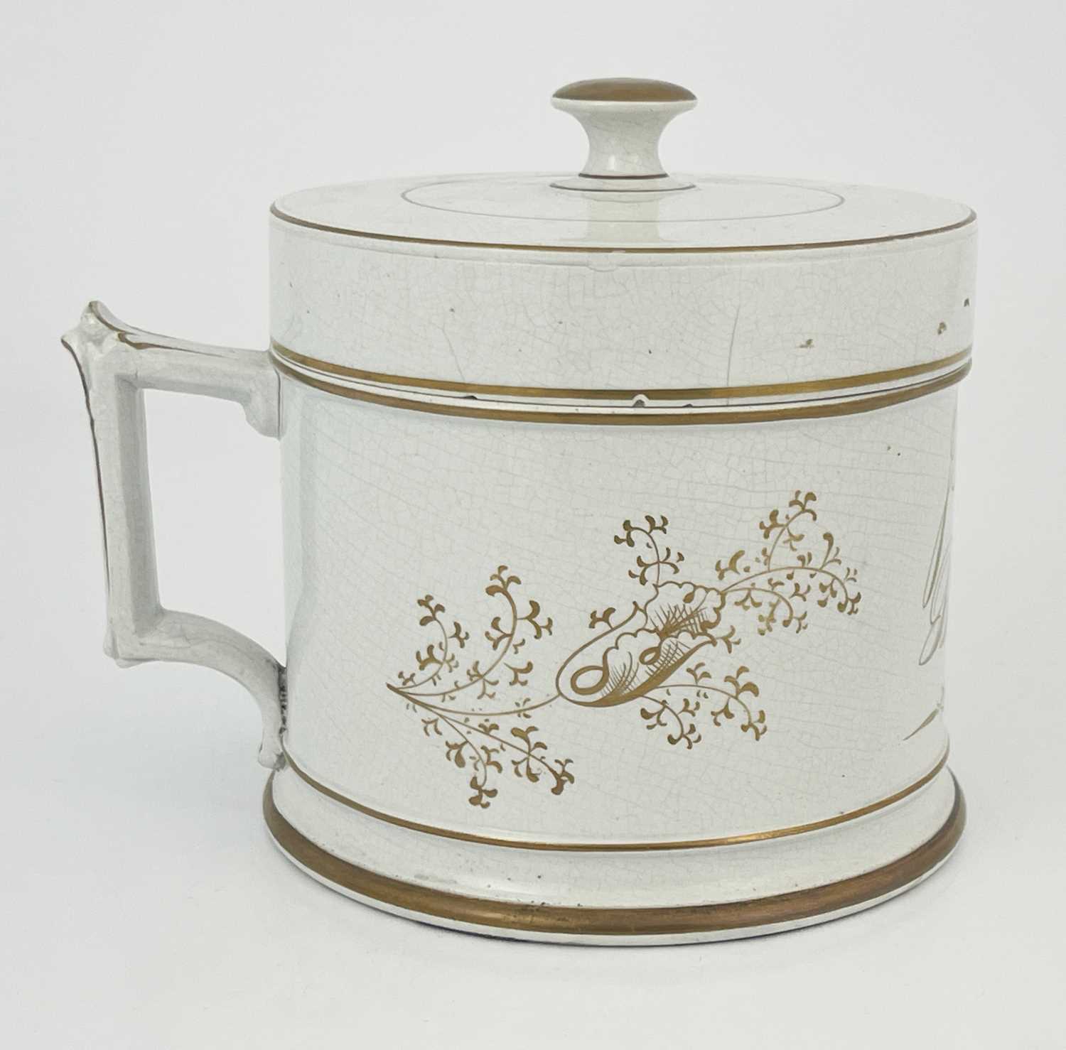 A Staffordshire pottery presentation shaving mug/tankard and cover, circa 1850, with gilded - Image 4 of 6