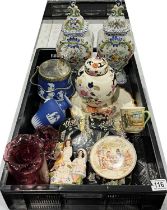 A collection of ceramics and glassware, to include a pair of faience vases, lidded baluster form,