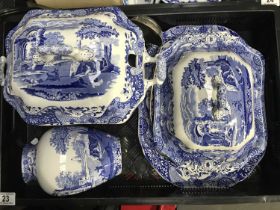 A Spode blue and white Italian pattern soup tureen and cover, octagonal footed form, together with a