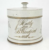 A Staffordshire pottery presentation shaving mug/tankard and cover, circa 1850, with gilded