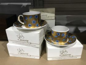 Dunoon Ceramics, a set of six English Fine Bone China coffee cans and saucers, decorated in blue