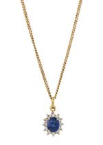 An 18ct gold sapphire and diamond cluster pendant, with chain