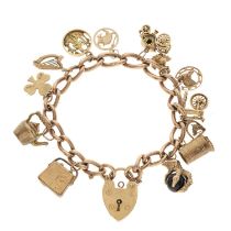 A 9ct gold charm bracelet, with heart-shape padlock clasp