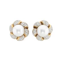 A pair of 18ct gold pearl and diamond flower clip earrings