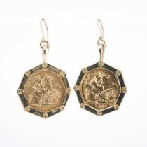 A pair of gold half sovereign coin drop earrings