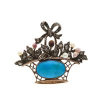 A late Georgian silver and gold turquoise, diamond and pearl floral basket brooch