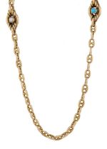 A late Victorian gold pearl and turquoise fancy-link longuard chain necklace
