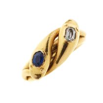 A late Victorian 18ct gold diamond and sapphire double snake ring