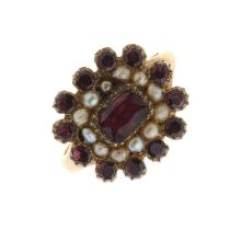 A late Georgian gold garnet and pearl cluster ring