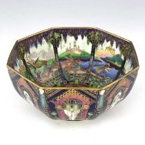 Daisy Makeig-Jones for Wedgwood, a Fairyland lustre octagonal bowl, Running Figures interior, the