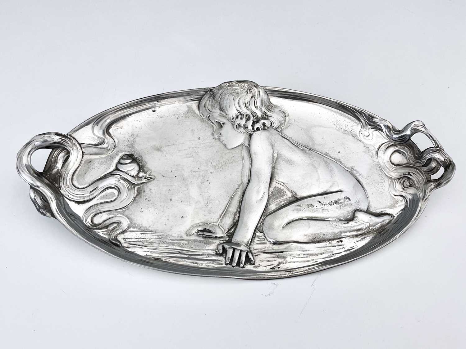 WMF, a Jugendstil silver plated card tray, model 210, twin handled oval form relief moulded with a - Image 2 of 4