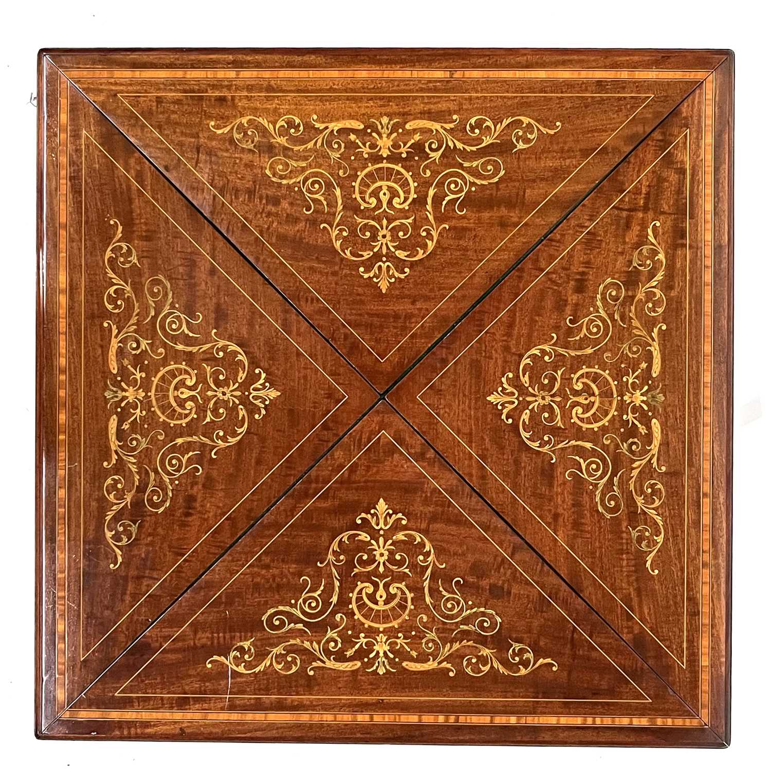 An Edwardian mahogany envelope-action games table, circa 1910, marquetry inlaid, satinwood - Image 4 of 4