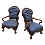 A pair of mid-Victorian rosewood balloon back parlour armchairs, circa 1860, foliate and scroll