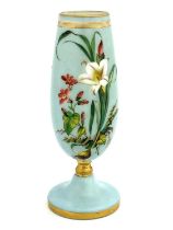 An enamelled opaline glass vase, probably Baccarat circa 1870, ovoid pedestal form, the pale blue