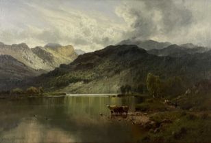 Alfred de Breanski (British, 1852-1928), a Highland Loch landscape with cattle watering and a figure