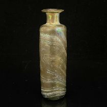 A Roman style iridescent glass scent bottle, shouldered cylindrical form, marbled lustre stripes,