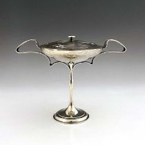 Kate Harris for W G Connell, an Arts and Crafts silver twin handled pedestal bowl and cover,