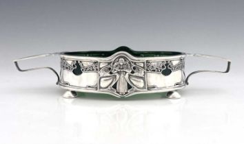 Kate Harris for W G Connell, an Arts and Crafts silver and glass lined centrepiece dish, London