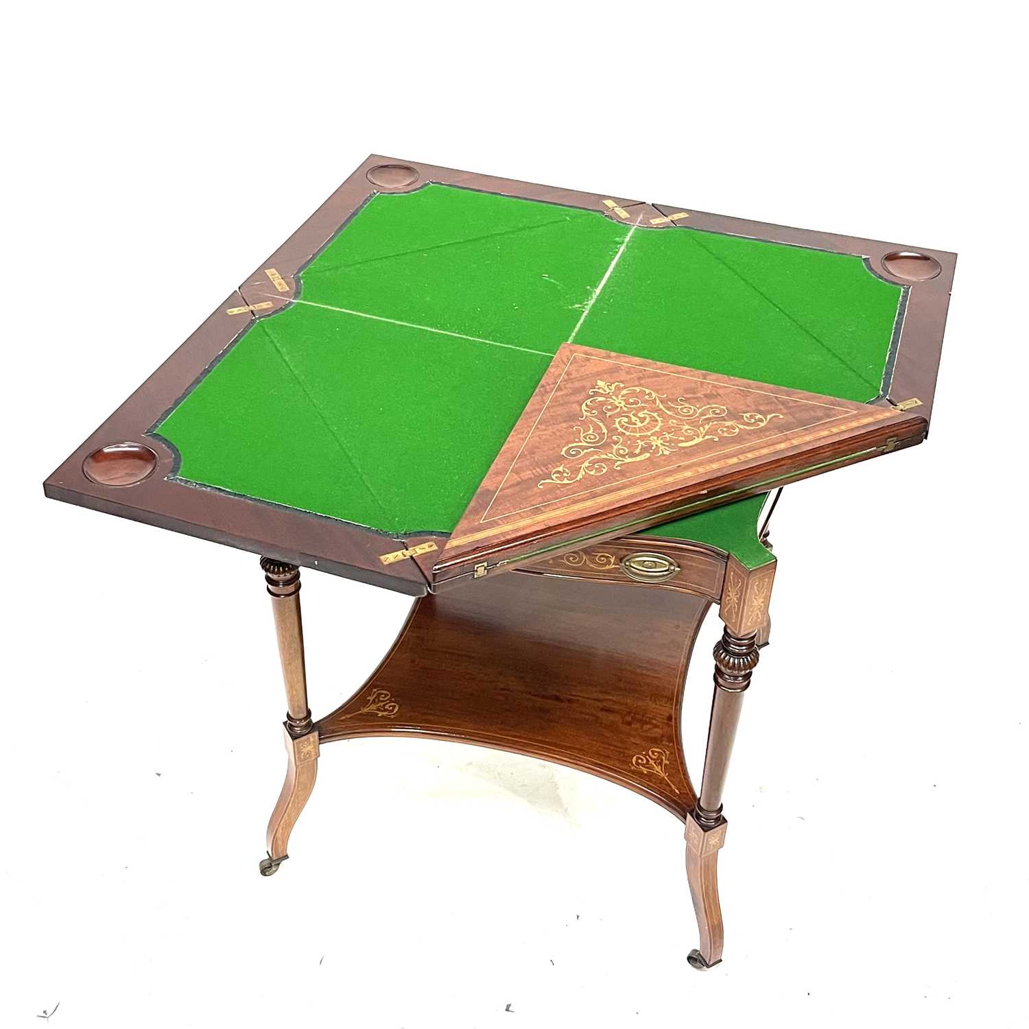 An Edwardian mahogany envelope-action games table, circa 1910, marquetry inlaid, satinwood - Image 3 of 4