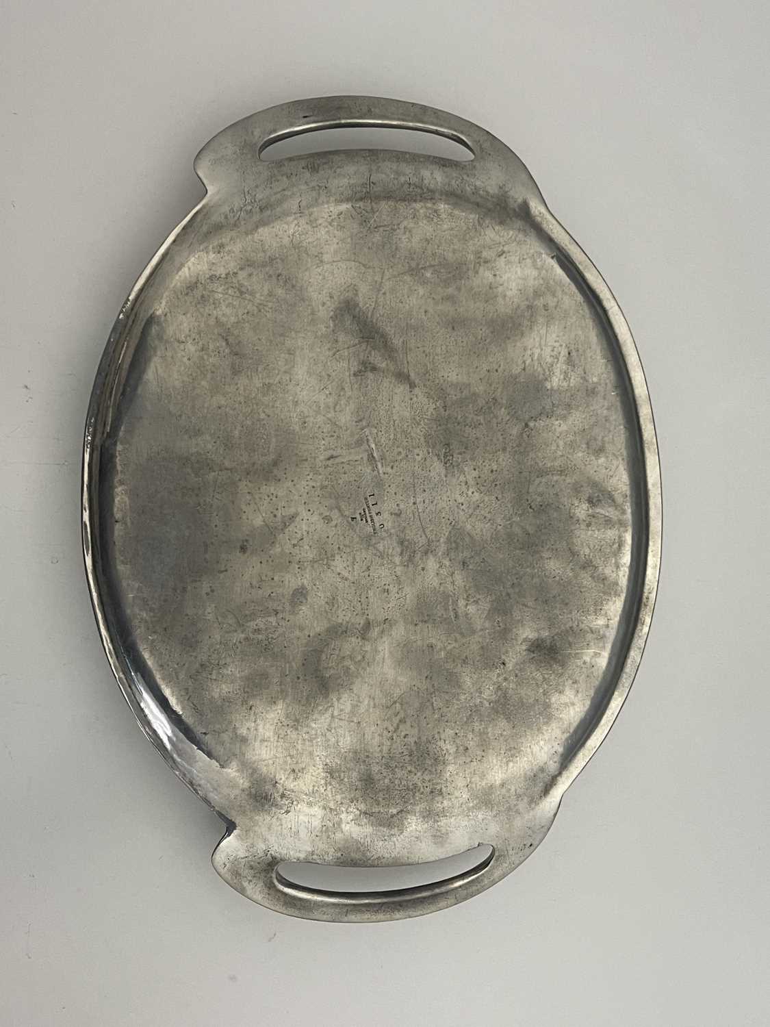 Archibald Knox for Liberty & Co, a Tudric pewter tray, circa 1905, oval form with integral handles - Image 4 of 5