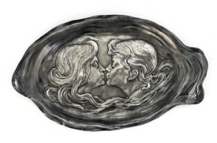 WMF, a Jugendstil silver plated card tray, model 196, oval form relief moulded with boy and girl,