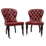 A pair of Victorian design gentleman's library balloon back chairs, brass studded button back red