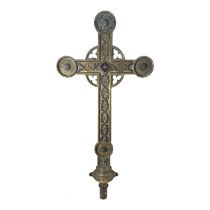 A Gothic Revival ecclesiastical gilt brass and gem set processional cross, 19th century, open and