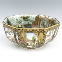 Daisy Makeig-Jones for Wedgwood, a Fairyland lustre octagonal bowl, Bird in a Hoop interior around a