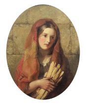 Thomas Faed R.S.A. (Scottish, 1826-1900), A Highland Lass with Sticks, oval, oil on board, 19 by