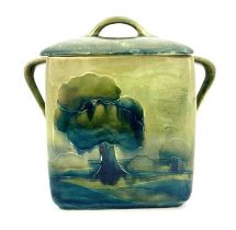 William Moorcroft, a Landscape or Hazledene biscuit box and cover, circa 1914, cuboid form with