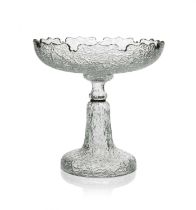 A French crackled ice glass and gilt comport, probably Baccarat circa 1850, the ogee crenelated