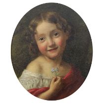 Edward Thompson Davis (British, 1833-1867), portrait of a smiling girl holding a posey, signed and