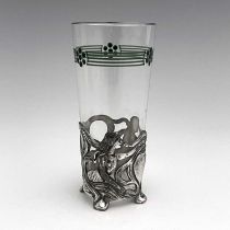 WMF, a Jugendstil silver plate and enamelled glass vase, the cylindrical beaker with band of