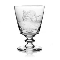 A 19th century engraved glass rummer, the bucket form bowl with an image of a bulldog standing on